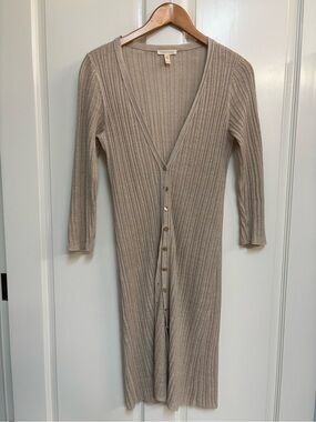 Eileen Fisher Beige Ribbed V Neck Button Front Duster Cardigan XS